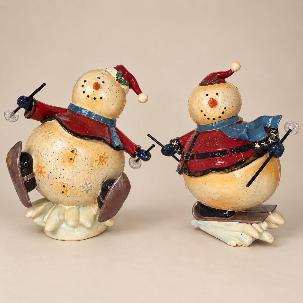 Vintage Ceramic Skiing Snowman Figurine Pair 8 Inch Christmas Holiday Decor